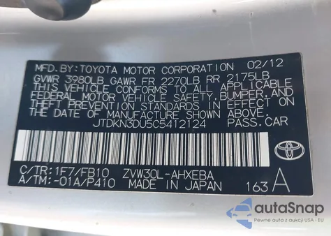 2012 Toyota Prius Three z USA, uszkodzony, nr VIN JTDKN3DU5C5412124